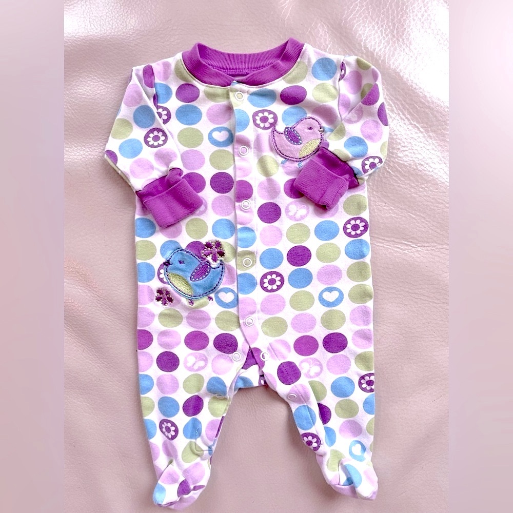 $5 💥Birds Baby Girl Footie Sleeper Playsuit Pajamas, White Purple Teal Dots
